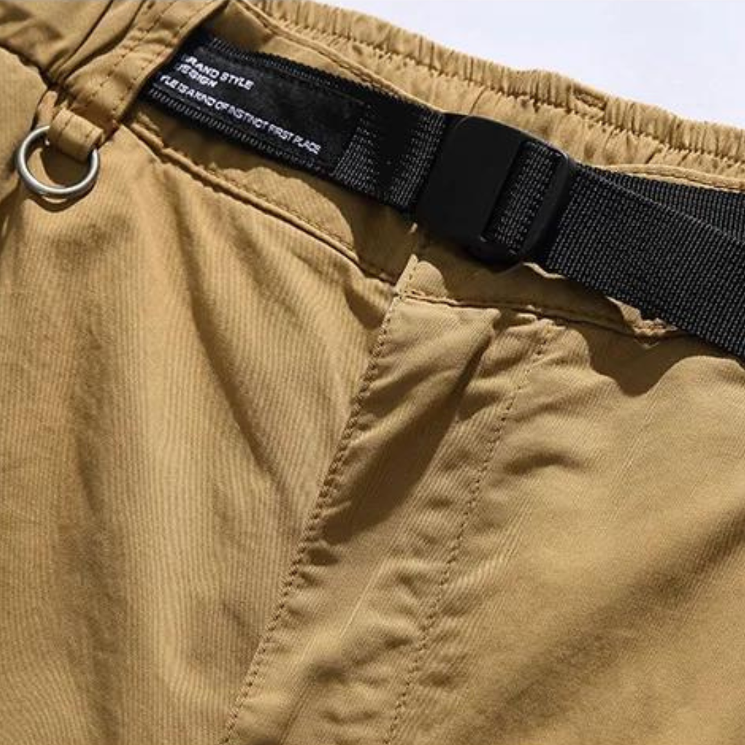 Dynamic Cargo Men's Plain Cargo Shorts with Flap Side Pockets Elastic Waistband and Woven Strap Detail