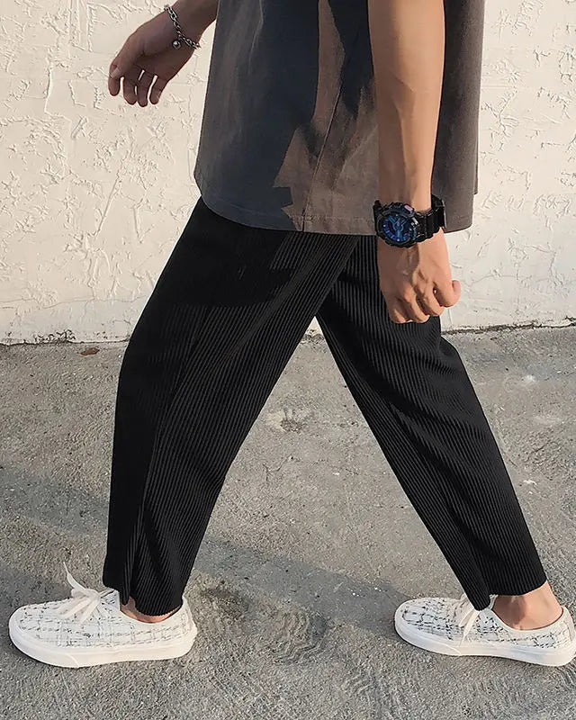 Men's Pleated Long Trousers with Elastic Waistband and Wide Leg