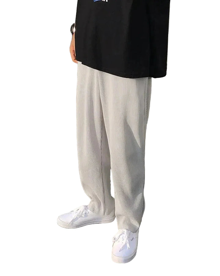 Men's Pleated Long Trousers with Elastic Waistband and Wide Leg
