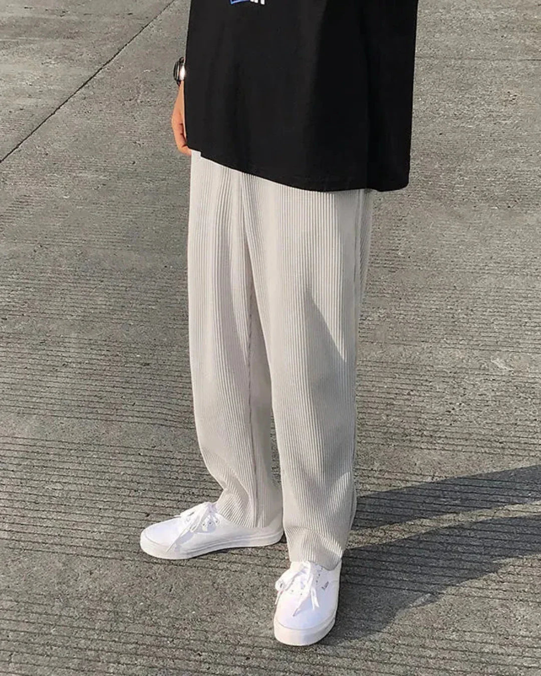 Men's Pleated Long Trousers with Elastic Waistband and Wide Leg