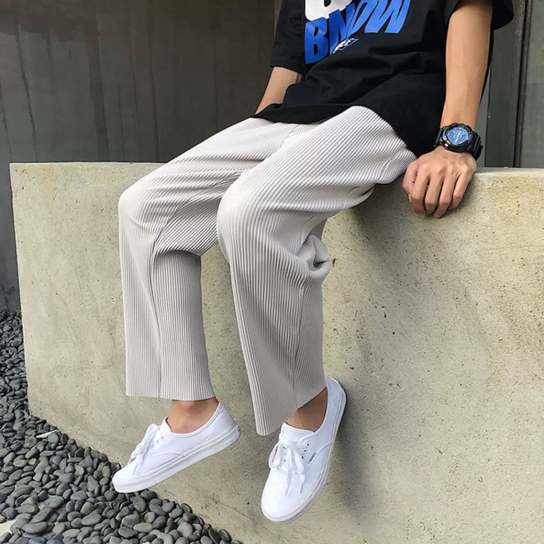 Men's Pleated Long Trousers with Elastic Waistband and Wide Leg