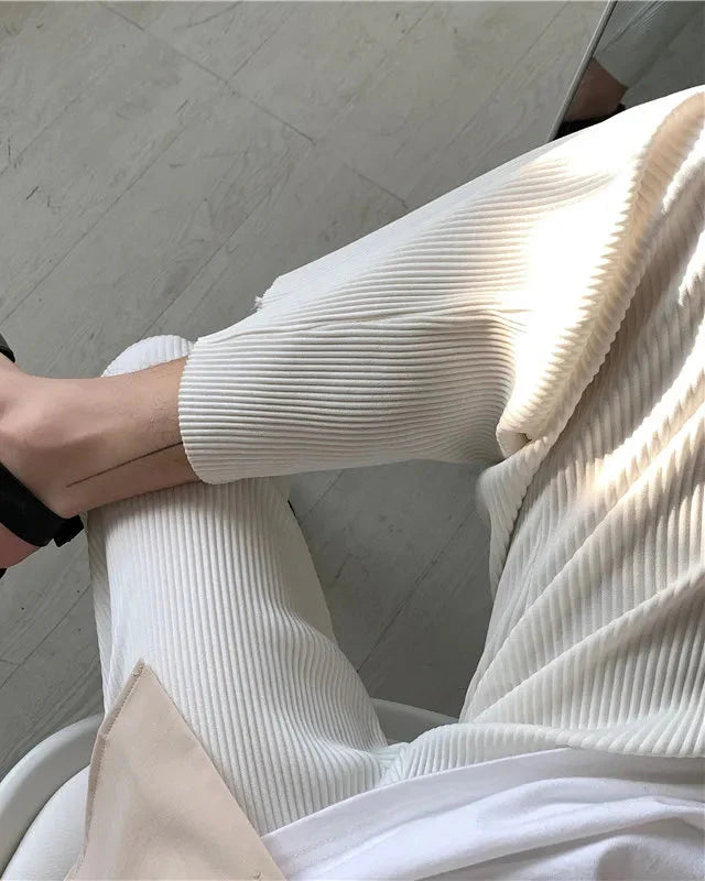Men's Pleated Long Trousers with Elastic Waistband and Wide Leg