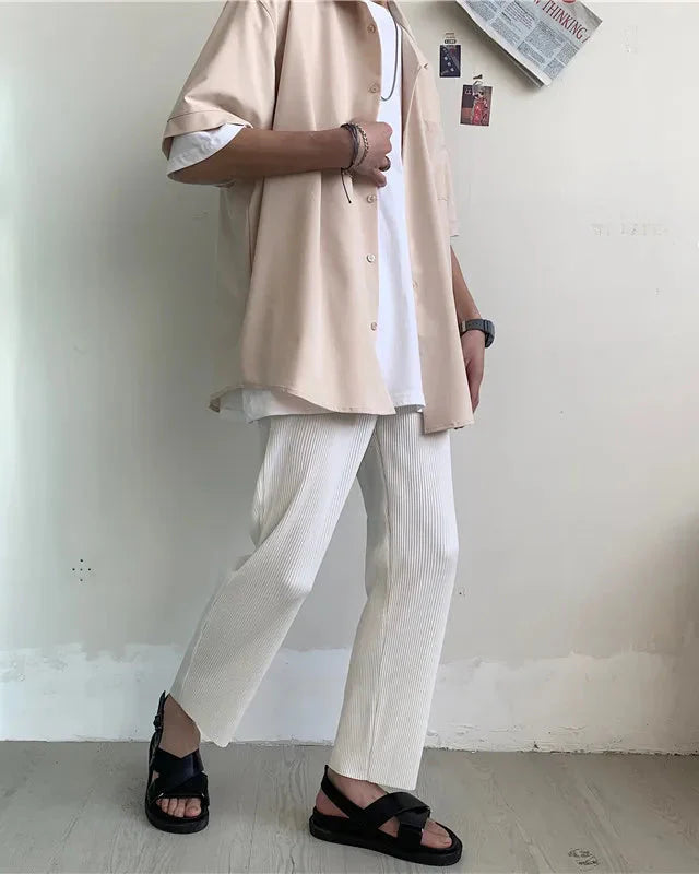 Men's Pleated Long Trousers with Elastic Waistband and Wide Leg