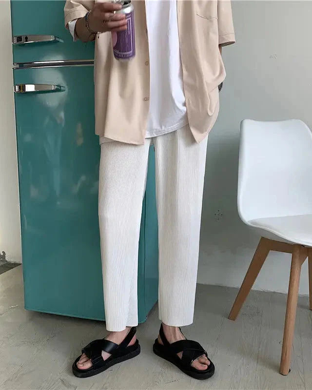 Men's Pleated Long Trousers with Elastic Waistband and Wide Leg