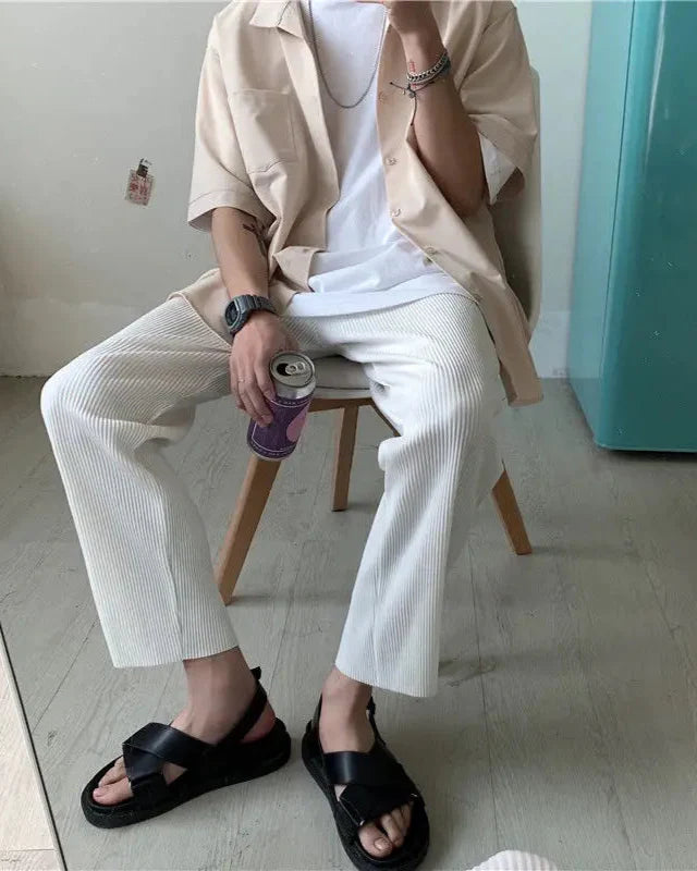 Men's Pleated Long Trousers with Elastic Waistband and Wide Leg