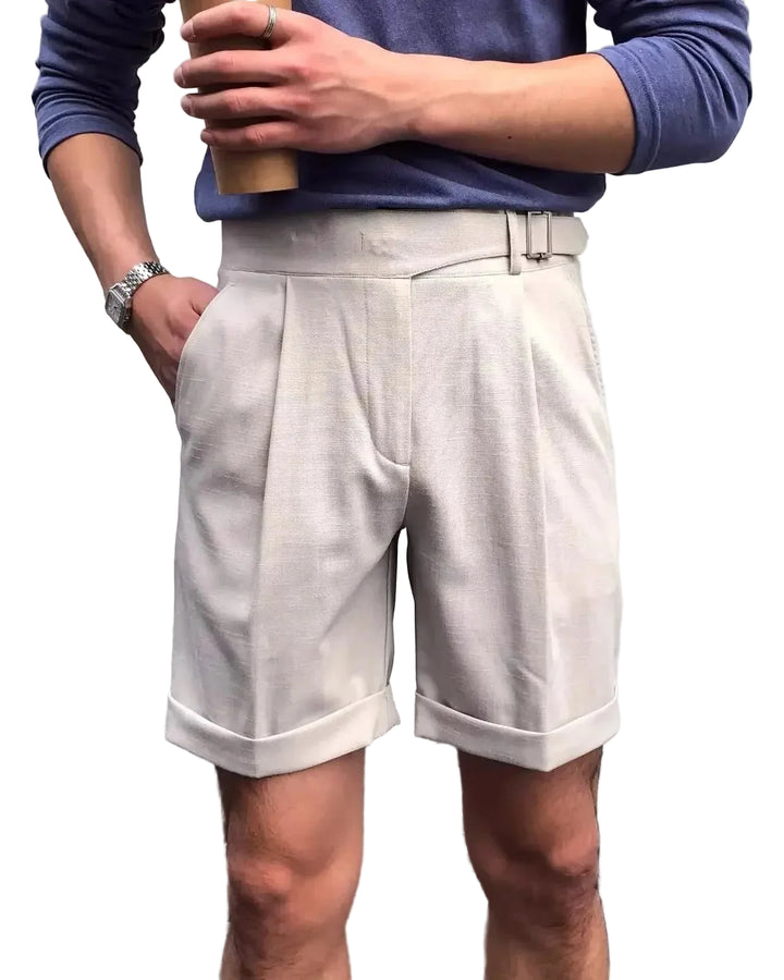 Men's Pleated Shorts with Waist Buckle Tab and Cuffed Hem
