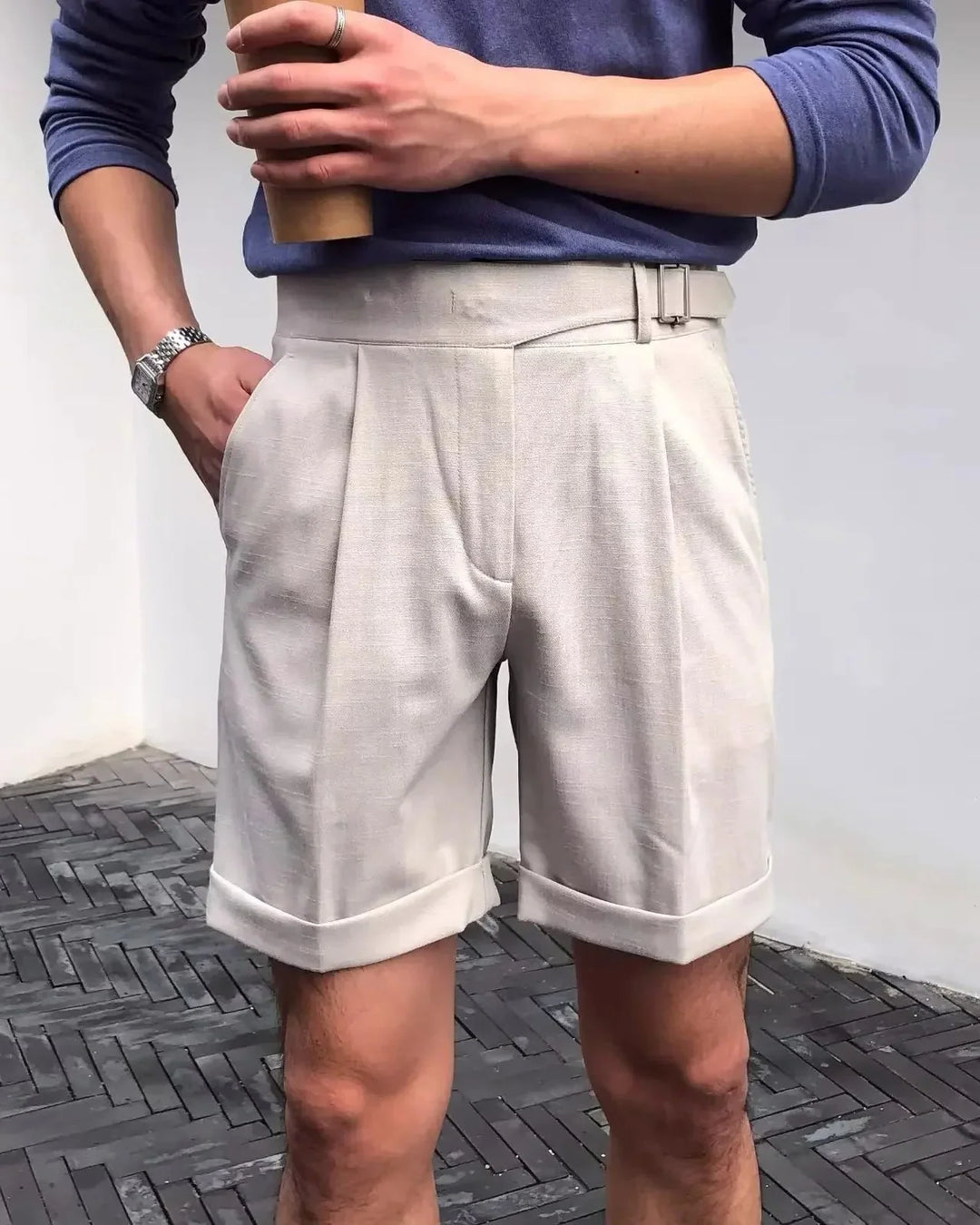 Men's Pleated Shorts with Waist Buckle Tab and Cuffed Hem