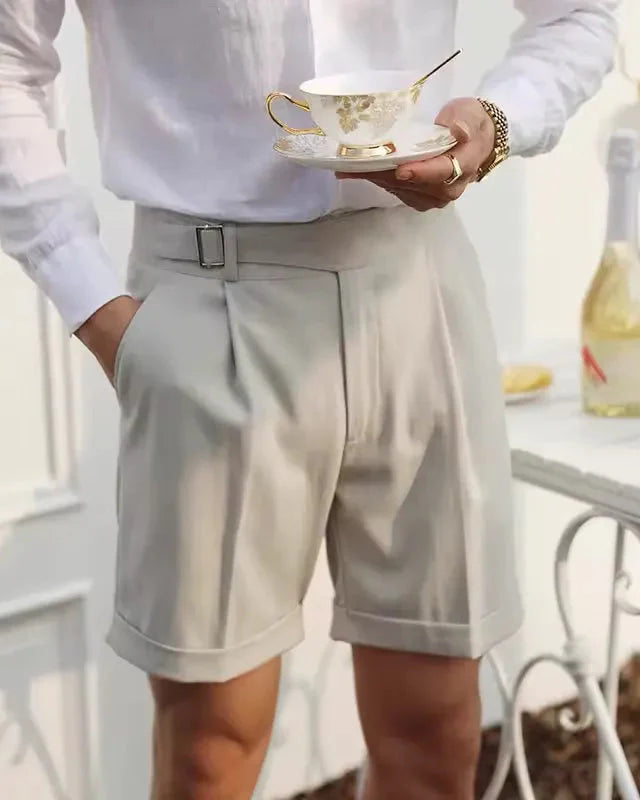Men's Pleated Shorts with Waist Buckle Tab and Cuffed Hem
