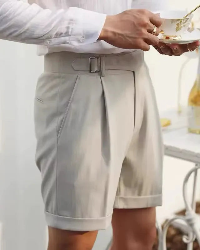 Men's Pleated Shorts with Waist Buckle Tab and Cuffed Hem