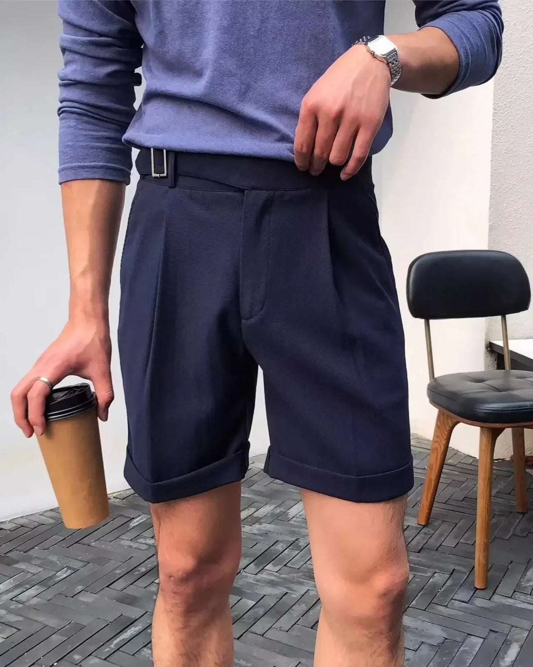 Men's Pleated Shorts with Waist Buckle Tab and Cuffed Hem