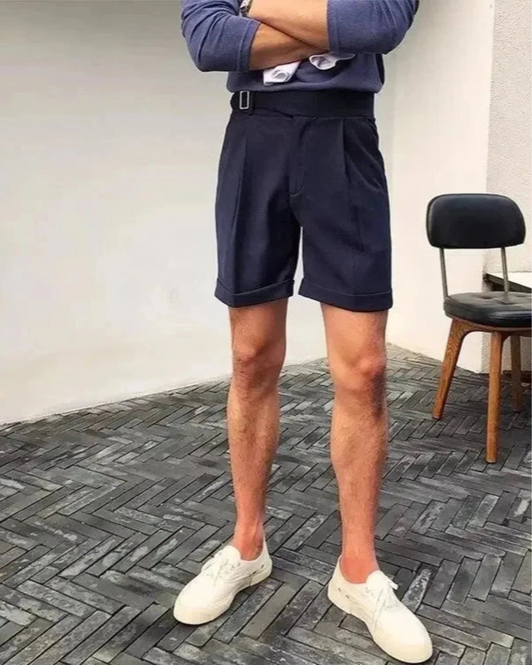 Men's Pleated Shorts with Waist Buckle Tab and Cuffed Hem