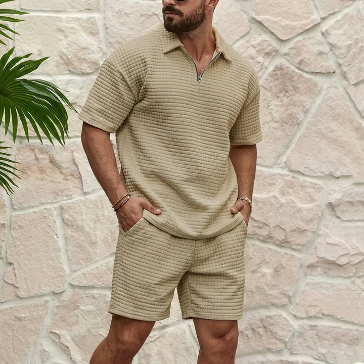 Men's Polo Collar Zip Short Sleeve Top and Shorts Set with Waffle Surface
