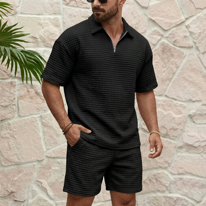 Men's Polo Collar Zip Short Sleeve Top and Shorts Set with Waffle Surface