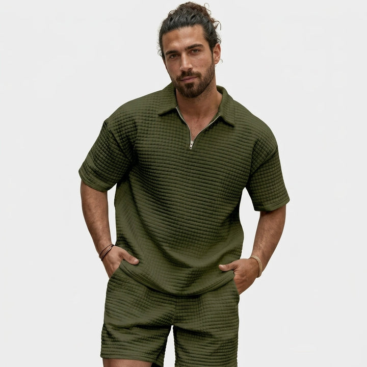 Men's Polo Collar Zip Short Sleeve Top and Shorts Set with Waffle Surface