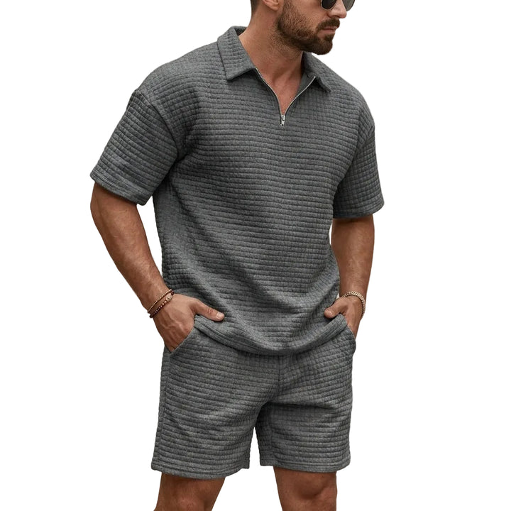 Men's Polo Collar Zip Short Sleeve Top and Shorts Set with Waffle Surface