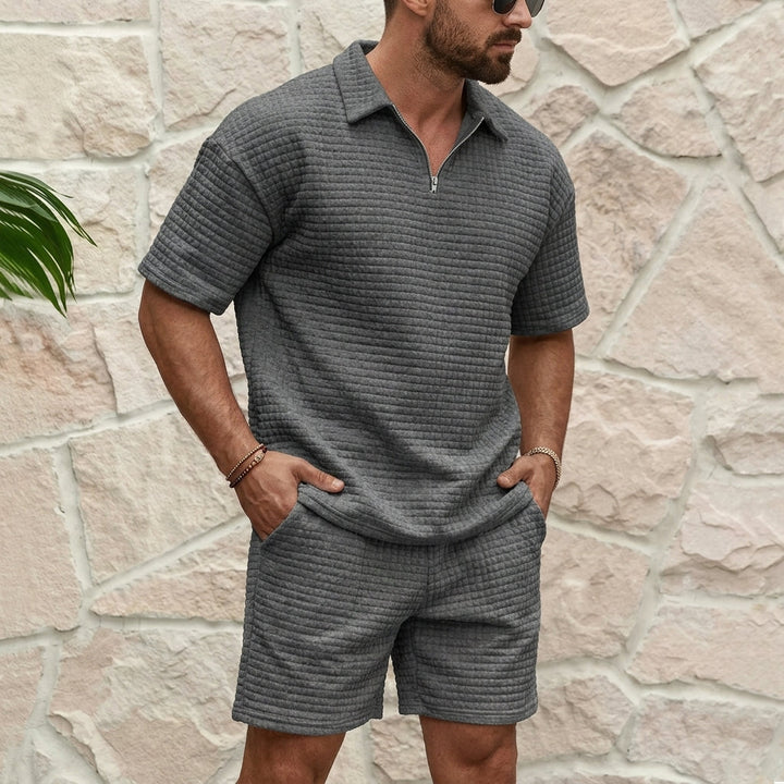 Men's Polo Collar Zip Short Sleeve Top and Shorts Set with Waffle Surface