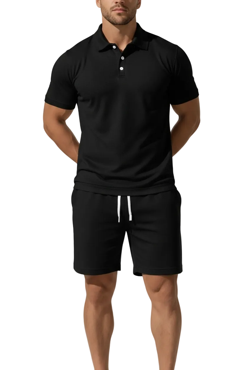Men's Polo Shirt and Drawstring Shorts Summer Set with Collar and Elastic Waistband