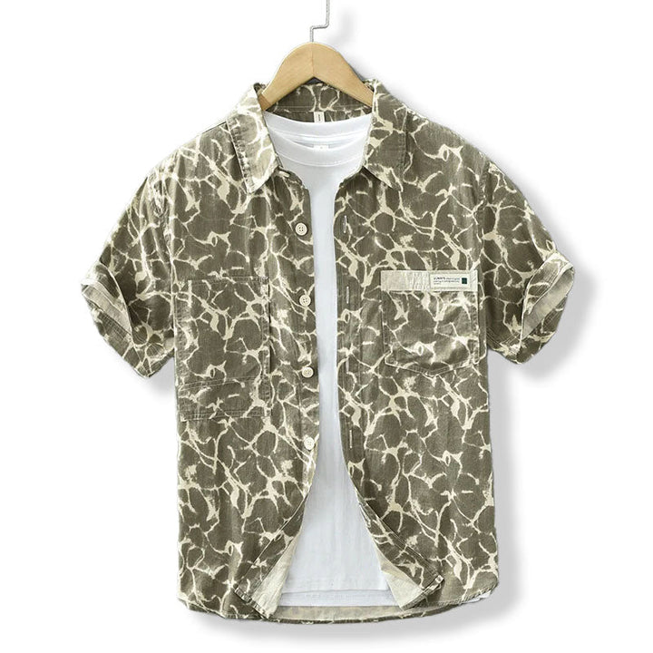 Men's Printed Short-Sleeve Button-Front Shirt with Chest Pockets and Folded Collar