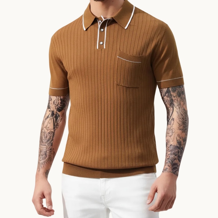 Men's Ribbed Knit Polo Shirt with Contrast Collar Trim and Chest Pocket