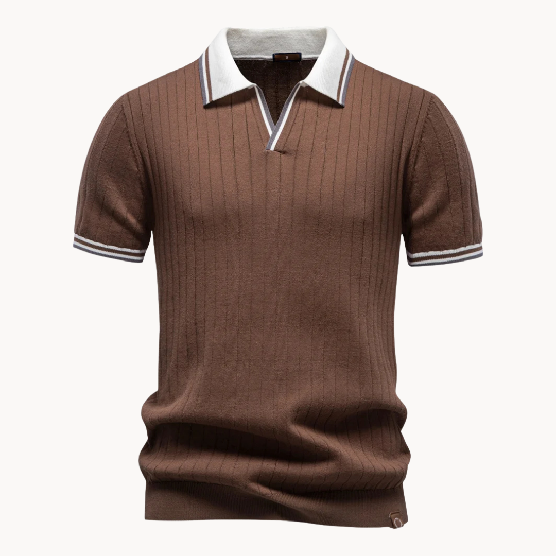 Men's Ribbed Open-Collar Short-Sleeve Polo Shirt with Contrast Tipped Cuffs
