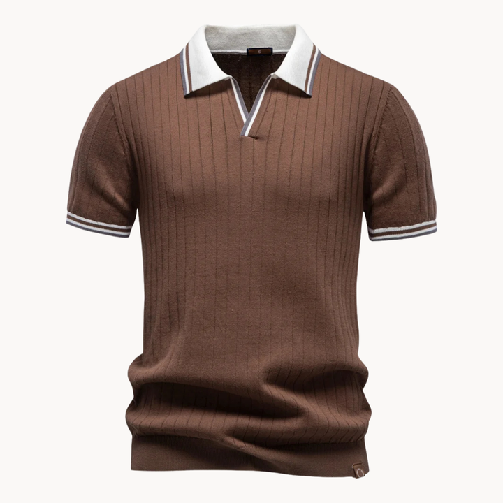 Men's Ribbed Open-Collar Short-Sleeve Polo Shirt with Contrast Tipped Cuffs