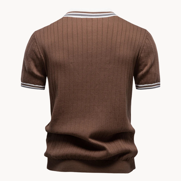 Men's Ribbed Open-Collar Short-Sleeve Polo Shirt with Contrast Tipped Cuffs