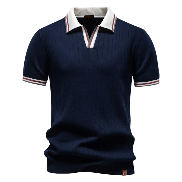 Men's Ribbed Open-Collar Short-Sleeve Polo Shirt with Contrast Tipped Cuffs