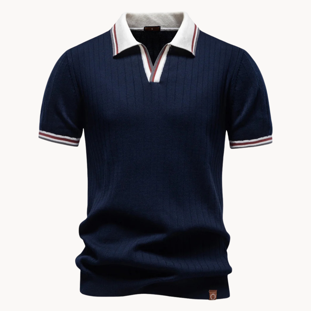 Men's Ribbed Open-Collar Short-Sleeve Polo Shirt with Contrast Tipped Cuffs