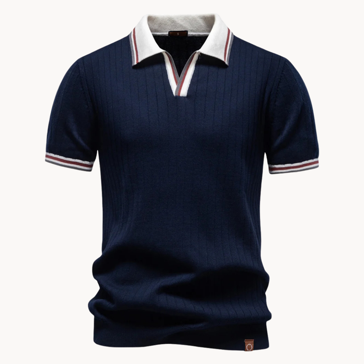 Men's Ribbed Open-Collar Short-Sleeve Polo Shirt with Contrast Tipped Cuffs