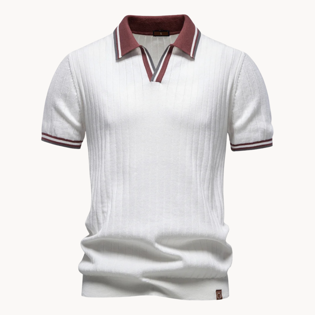 Men's Ribbed Open-Collar Short-Sleeve Polo Shirt with Contrast Tipped Cuffs