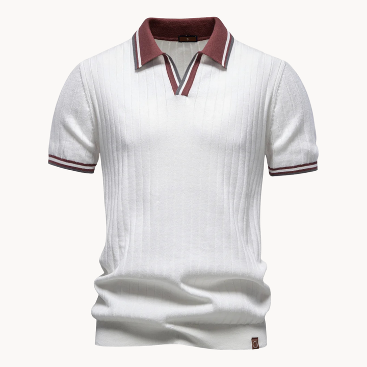 Men's Ribbed Open-Collar Short-Sleeve Polo Shirt with Contrast Tipped Cuffs
