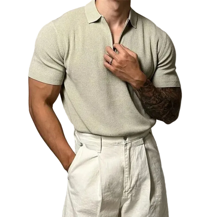 Men's Ribbed Spread Collar Zip Closure Short-Sleeve Polo Shirt