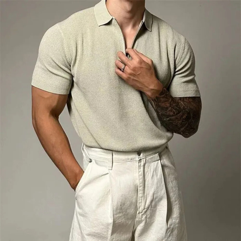 Men's Ribbed Spread Collar Zip Closure Short-Sleeve Polo Shirt