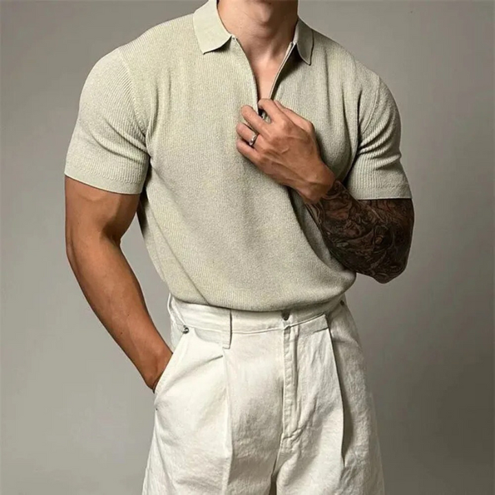 Men's Ribbed Spread Collar Zip Closure Short-Sleeve Polo Shirt