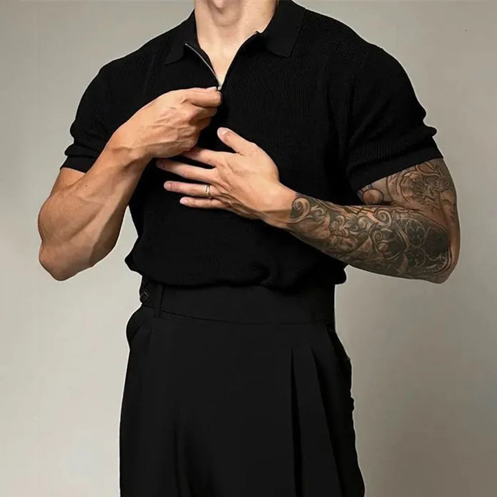 Men's Ribbed Spread Collar Zip Closure Short-Sleeve Polo Shirt