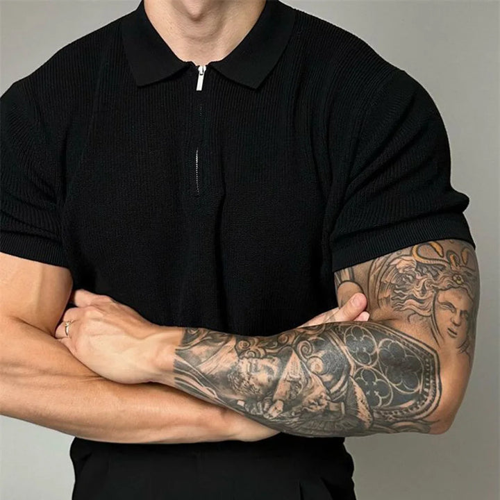 Men's Ribbed Spread Collar Zip Closure Short-Sleeve Polo Shirt