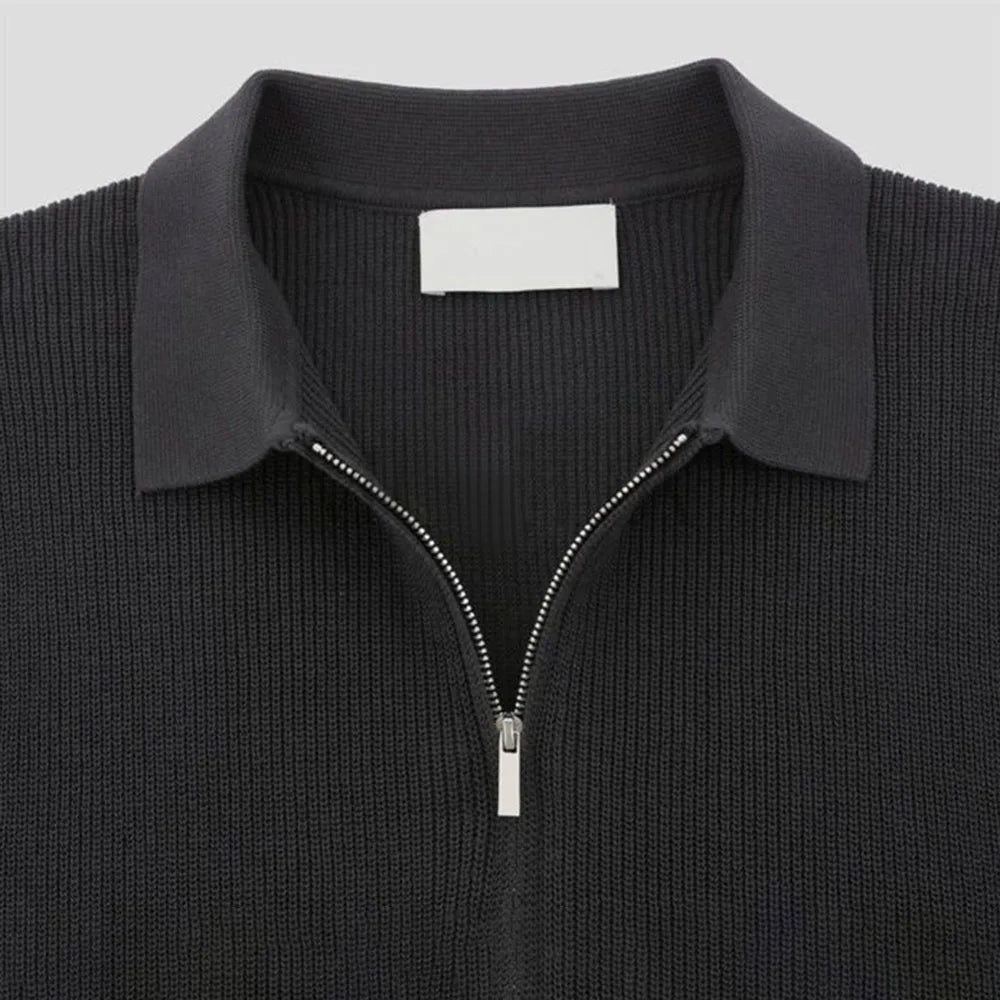 Men's Ribbed Spread Collar Zip Closure Short-Sleeve Polo Shirt