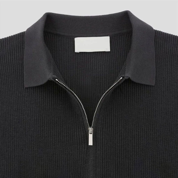 Men's Ribbed Spread Collar Zip Closure Short-Sleeve Polo Shirt