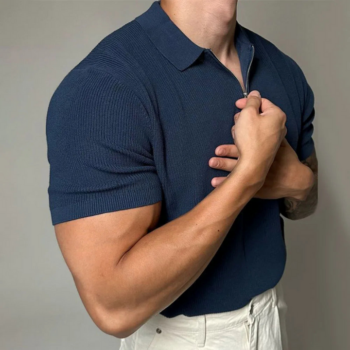 Men's Ribbed Spread Collar Zip Closure Short-Sleeve Polo Shirt