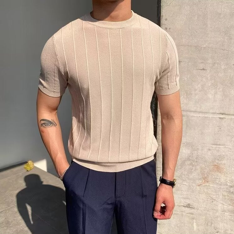 Men's Ribbed Vertical Stripe Crew Neck Short-Sleeve T-Shirt