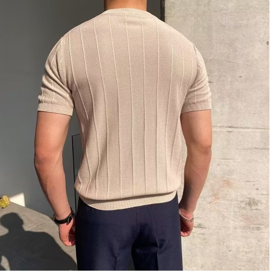 Men's Ribbed Vertical Stripe Crew Neck Short-Sleeve T-Shirt