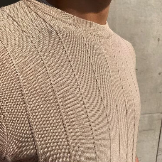 Men's Ribbed Vertical Stripe Crew Neck Short-Sleeve T-Shirt