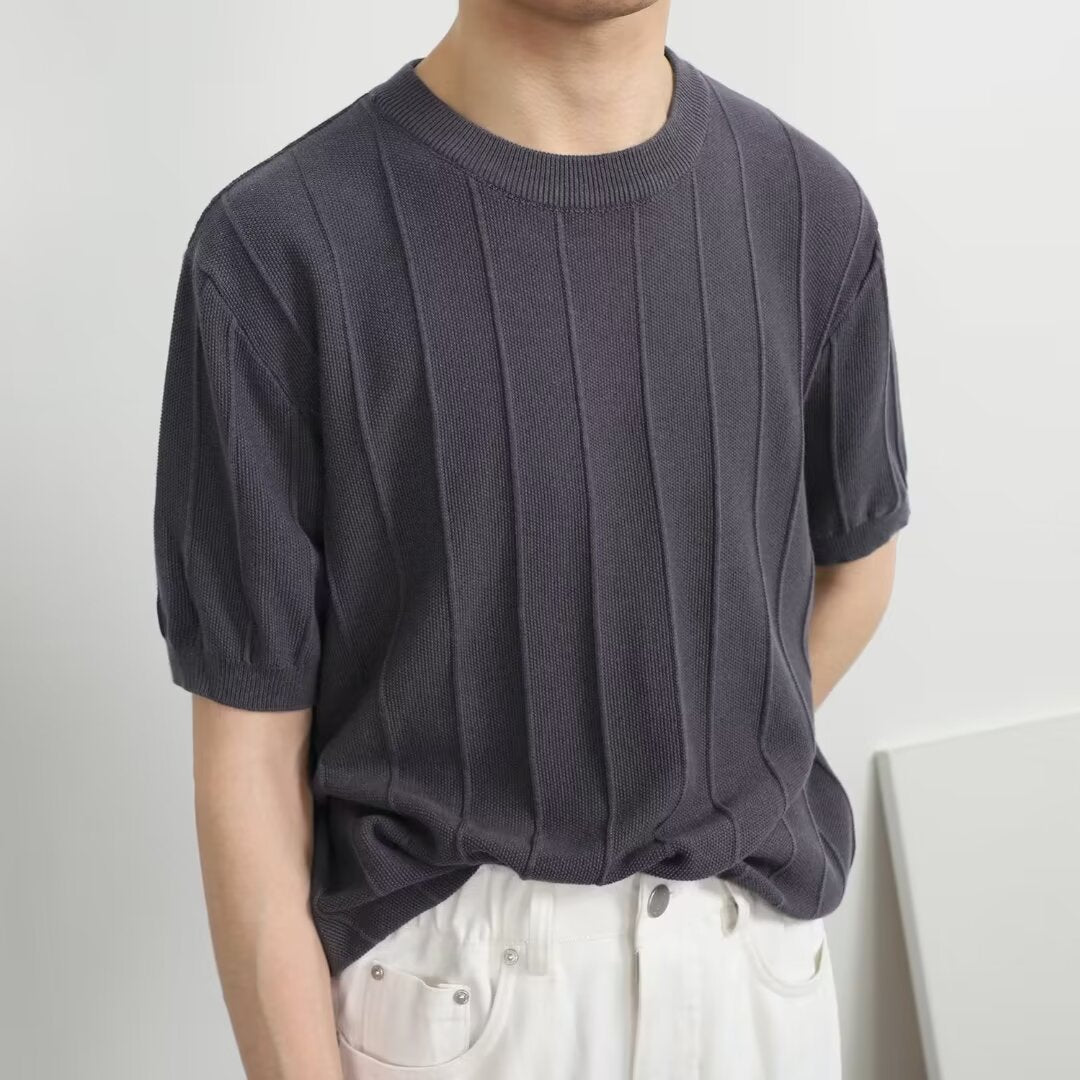 Men's Ribbed Vertical Stripe Crew Neck Short-Sleeve T-Shirt