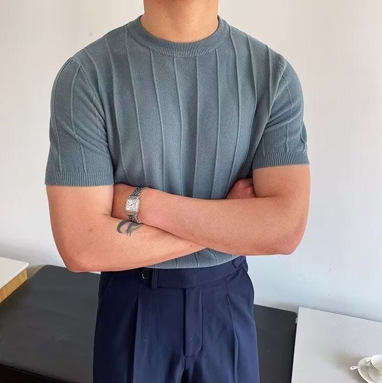 Men's Ribbed Vertical Stripe Crew Neck Short-Sleeve T-Shirt
