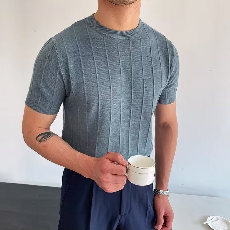 Men's Ribbed Vertical Stripe Crew Neck Short-Sleeve T-Shirt