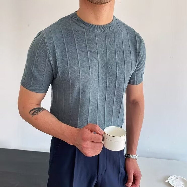 Men's Ribbed Vertical Stripe Crew Neck Short-Sleeve T-Shirt