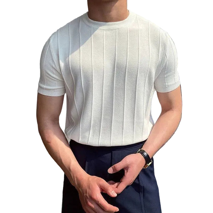 Men's Ribbed Vertical Stripe Crew Neck Short-Sleeve T-Shirt