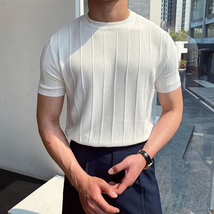 Men's Ribbed Vertical Stripe Crew Neck Short-Sleeve T-Shirt
