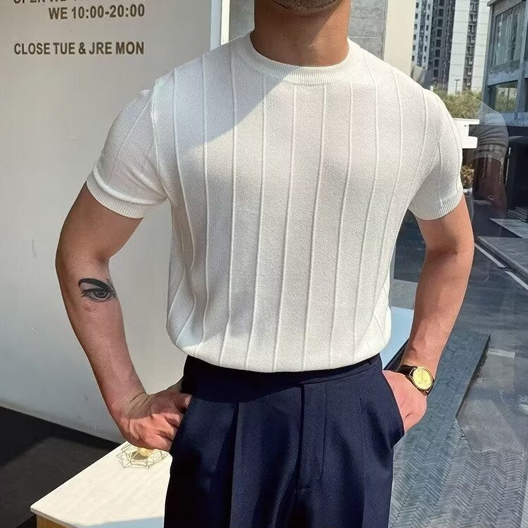 Men's Ribbed Vertical Stripe Crew Neck Short-Sleeve T-Shirt