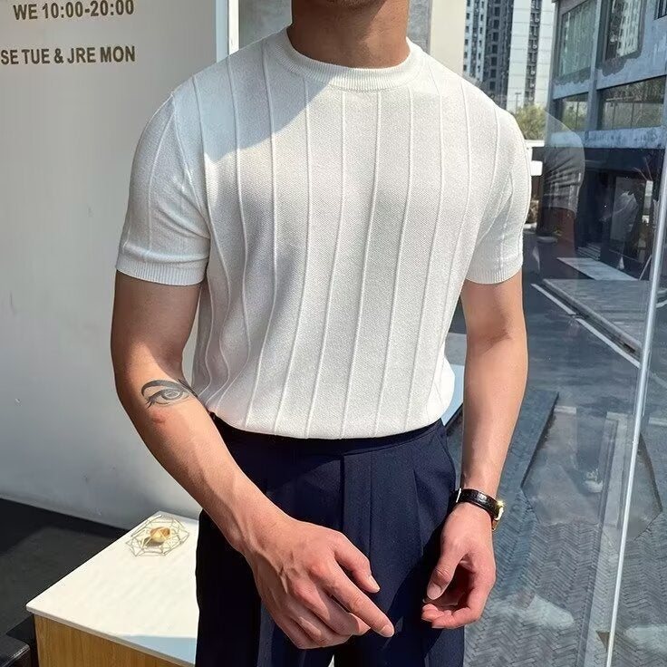 Men's Ribbed Vertical Stripe Crew Neck Short-Sleeve T-Shirt